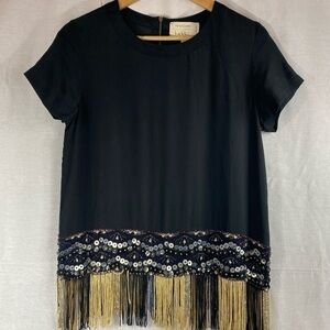 Artelier Nicole Miller Silk  Beaded Sequined Top Black Gold Fringe Sheer Small